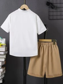 SHEIN 男孩恐龍和標語圖案POLO衫和短褲