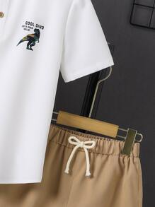 SHEIN 男孩恐龍和標語圖案POLO衫和短褲