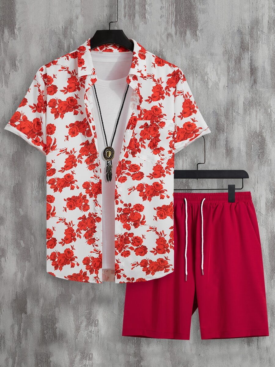 Manfinity Men Floral Print Shirt & Drawstring Waist Shorts Without Tee - Red and White - View 1
