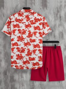 Manfinity Men Floral Print Shirt & Drawstring Waist Shorts Without Tee - Red and White - View 2