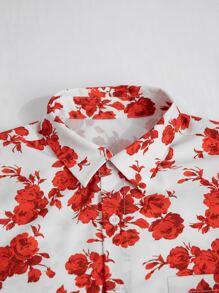 Manfinity Men Floral Print Shirt & Drawstring Waist Shorts Without Tee - Red and White - View 3