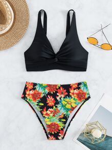 SHEIN Swim Floral Print Twist Front Summer Beach Bikini Set High Waisted Summer Beach Bikini Set - Multicolor - View 7