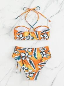 熱帶印花露背高腰夏日沙灘比基尼套裝 - 彩色 - 查看 8