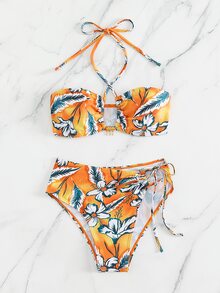 熱帶印花露背高腰夏日沙灘比基尼套裝 - 彩色 - 查看 6