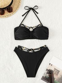 Solid Cut Out Halter Summer Beach Bikini Set - Black - View 6