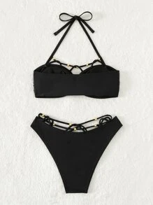 Solid Cut Out Halter Summer Beach Bikini Set - Black - View 2