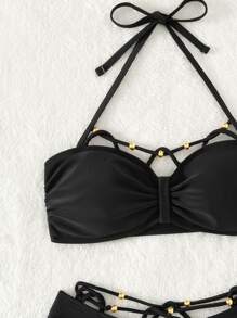 Solid Cut Out Halter Summer Beach Bikini Set - Black - View 4