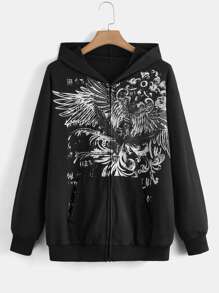 ROMWE Grunge Punk Wings Print Zip Up Hoodie, School,Long Sleeve Tops - Black - View 1