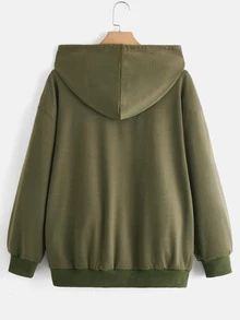 ROMWE Goth Plus Size Mushroom & Floral Print Zip Up Drawstring Sweatshirt - Army Green - View 2