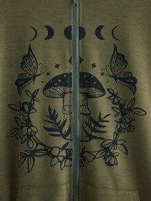 ROMWE Goth Plus Size Mushroom & Floral Print Zip Up Drawstring Sweatshirt - Army Green - View 4