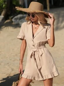 SHEIN VCAY Mono de cuello con solapa bajo con fruncido con cinturón - Albaricoque - Ver 1