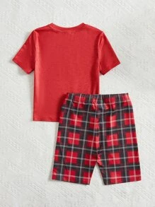 SHEIN Girls Heart & Plaid Print Snug Fit PJ Set - Multicolor - View 2