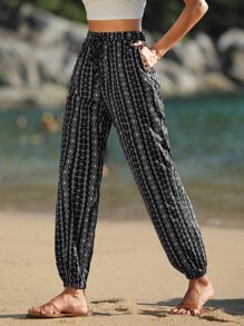 SHEIN VCAY 幾何印花彈性腰帶長褲 - 黑與白 - 查看 3