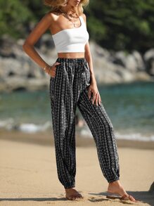 SHEIN VCAY 幾何印花彈性腰帶長褲 - 黑與白 - 查看 4