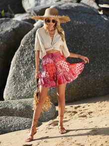 SHEIN VCAY Floral Print Knot Waist Ruffle Hem Skirt - Multicolor - View 2