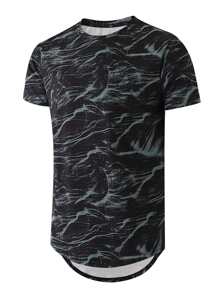 男士弧形下擺滿版印花T恤 - 彩色 - 查看 1