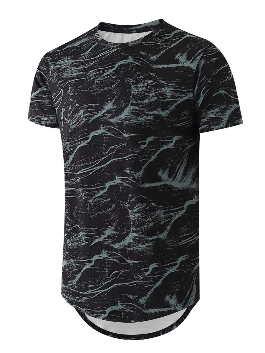 男士弧形下擺滿版印花T恤 - 彩色 - 查看 1