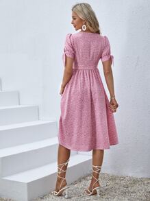 SHEIN VCAY 滿版印花打結袖口前排扣洋裝 - 彩色 - 查看 3