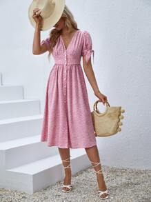 SHEIN VCAY 滿版印花打結袖口前排扣洋裝 - 彩色 - 查看 5