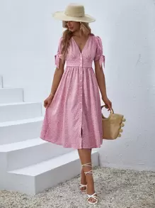 SHEIN VCAY 滿版印花打結袖口前排扣洋裝 - 彩色 - 查看 6
