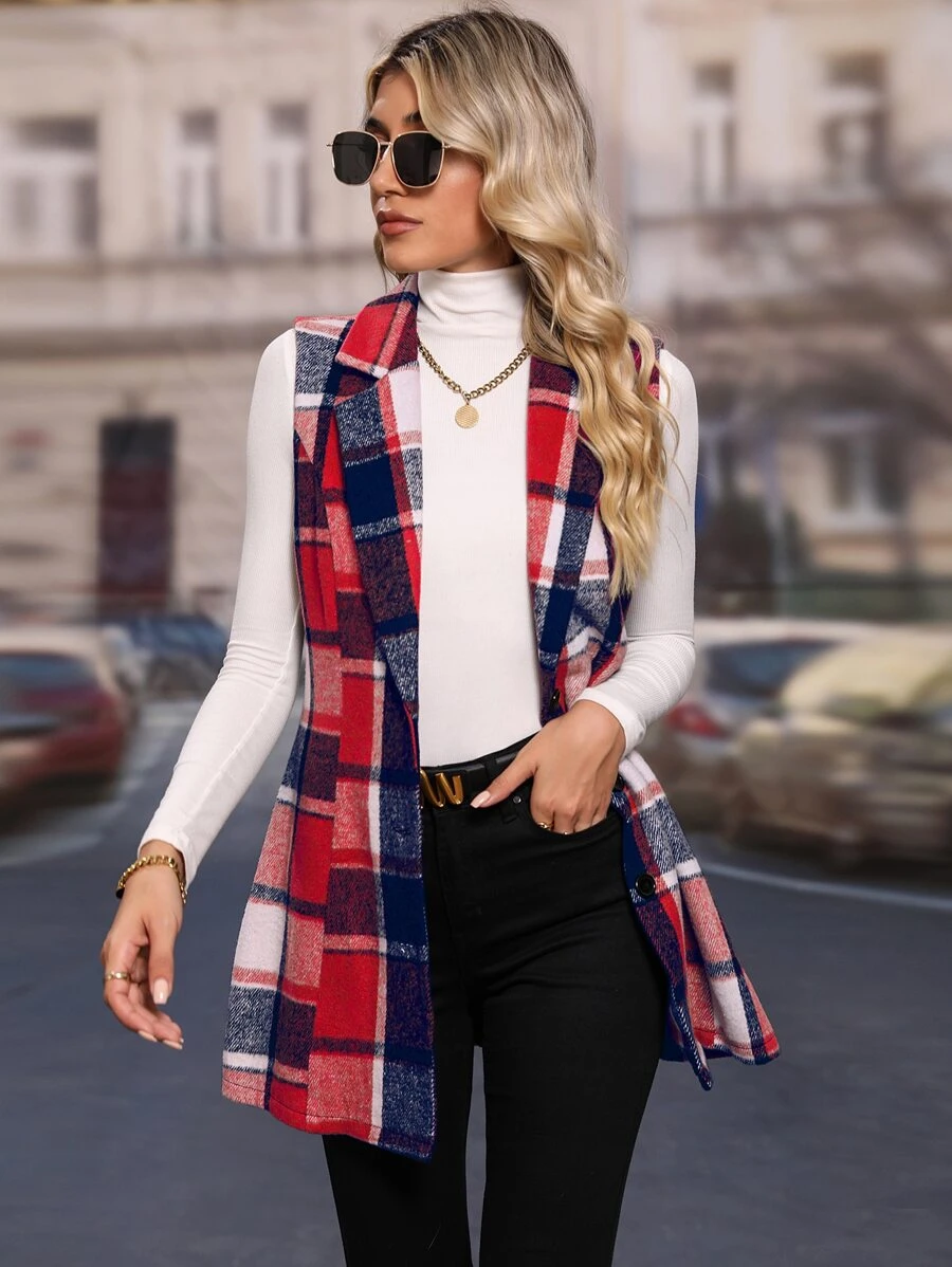 SHEIN LUNE 1pc Plaid Print Lapel Neck Vest Coat - Multicolor - View 1