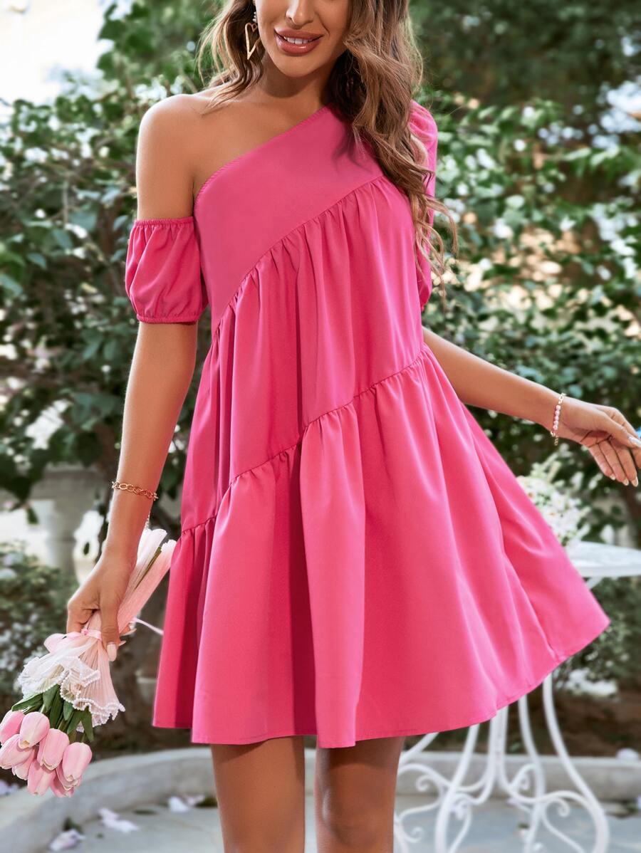 SHEIN VCAY 不對稱領泡泡袖娃娃裙