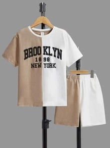 SHEIN Boys Letter Graphic Two Tone Tee & Shorts - Multicolor - View 1