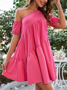 SHEIN VCAY 不對稱領泡泡袖娃娃裙