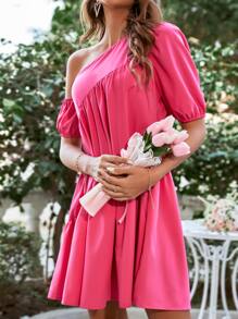 SHEIN VCAY 不對稱領泡泡袖娃娃裙