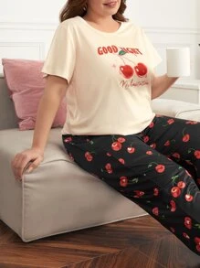 Plus Cherry & Letter Graphic PJ Set - Multicolor - View 2
