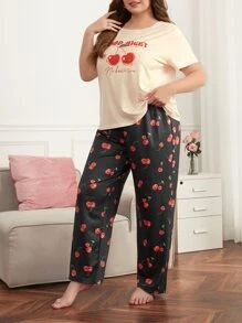 Plus Cherry & Letter Graphic PJ Set - Multicolor - View 1