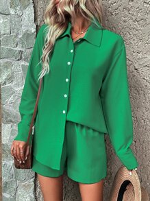 SHEIN Essnce Drop Shoulder Shirt & Shorts - Green - View 6