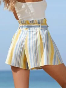 SHEIN VCAY Striped Belted Wide Leg Shorts - Multicolor - View 3
