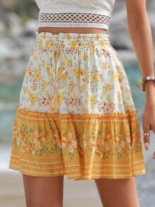 SHEIN VCAY Floral Print Elastic Waist Skirt - Multicolor - View 1