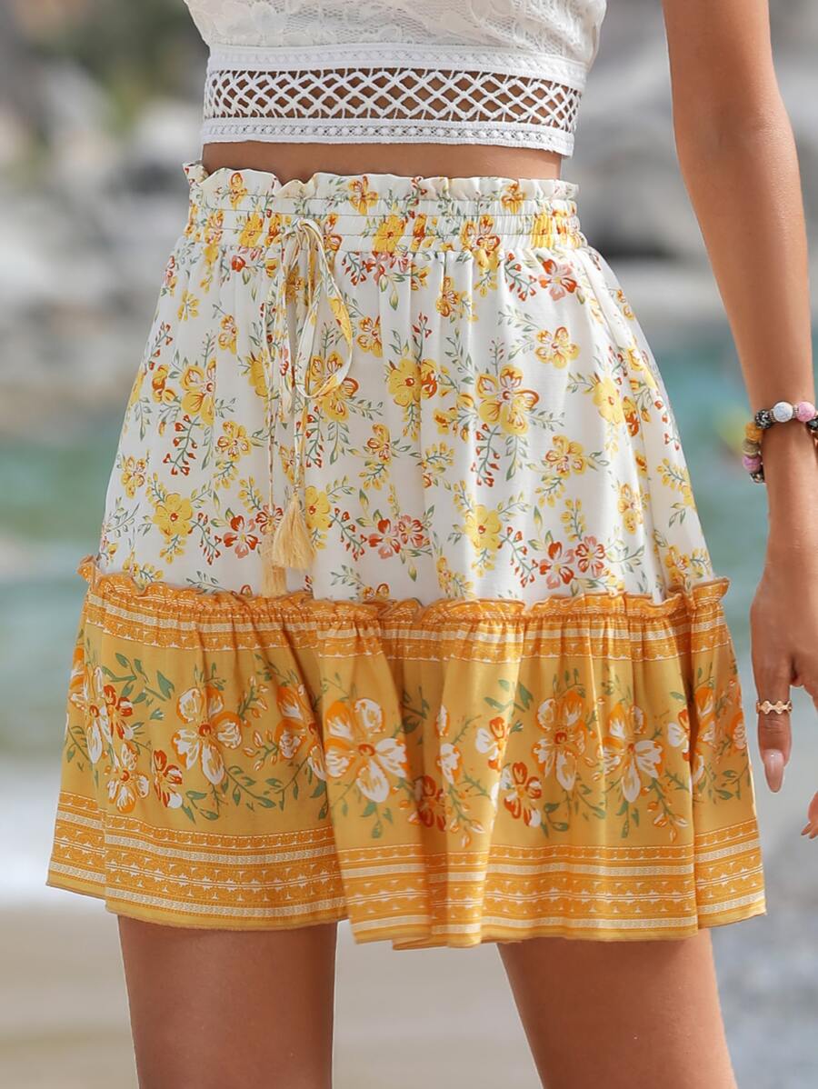 SHEIN VCAY Floral Print Elastic Waist Skirt - Multicolor - View 1