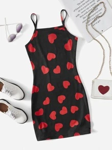 Girls 1pc Heart Print Cami Dress - Black - View 1