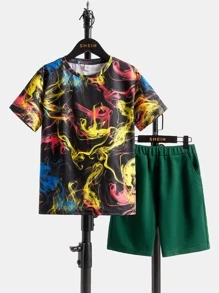 SHEIN Boys Reflective Allover Print Tee & Shorts - Multicolor - View 2