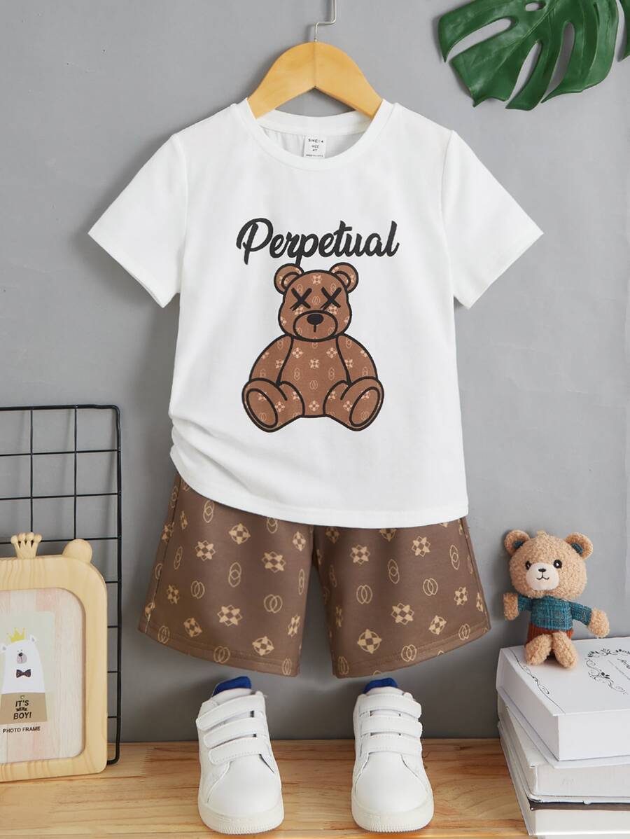 SHEIN 小男童熊和字母圖案T恤和短褲 - 彩色 - 查看 1