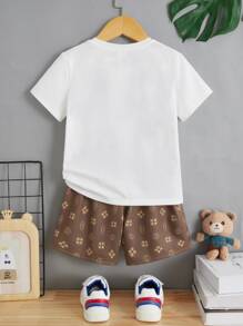 SHEIN 小男童熊和字母圖案T恤和短褲 - 彩色 - 查看 2