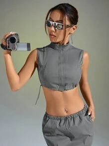 SHEIN ICON Solid Crop Tank Top - Grey - View 1