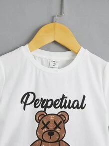 SHEIN 小男童熊和字母圖案T恤和短褲 - 彩色 - 查看 3