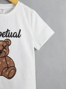 SHEIN 小男童熊和字母圖案T恤和短褲 - 彩色 - 查看 4