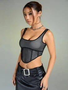 SHEIN ICON Contrast Stitch Asymmetrical Hem Tank Top - Black - View 4