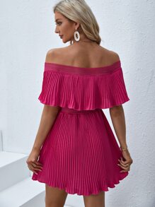 SHEIN VCAY 一字肩荷葉邊百褶連衣裙 - 玫紅色 - 查看 2