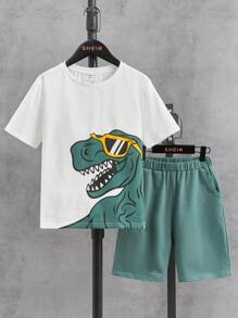 SHEIN Tween Boy Dinosaur Print Tee & Shorts - Multicolor - View 1
