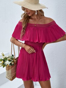 SHEIN VCAY 一字肩荷葉邊百褶連衣裙 - 玫紅色 - 查看 3