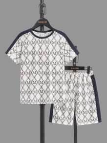 SHEIN Boys Letter & Chain Print Contrast Side Seam Tee & Shorts - Multicolor - View 1