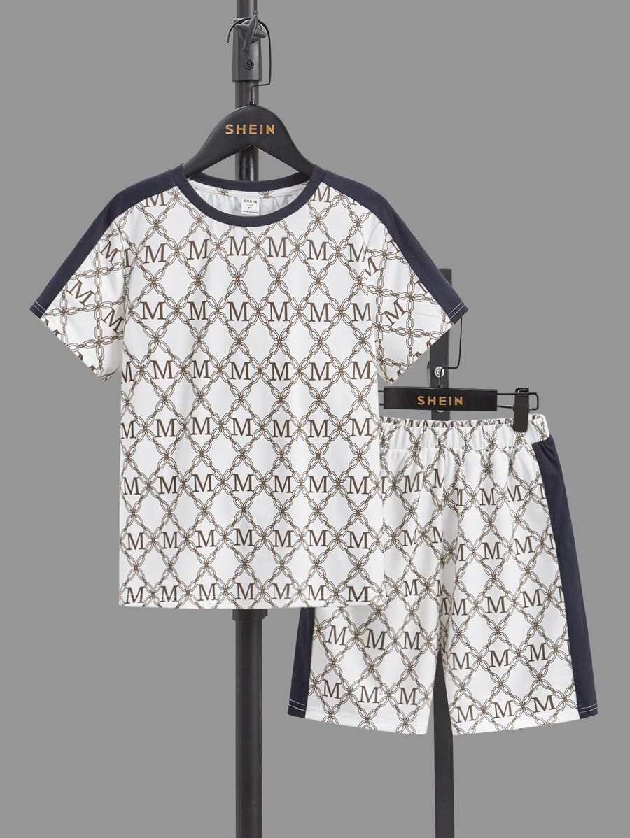 SHEIN Boys Letter & Chain Print Contrast Side Seam Tee & Shorts - Multicolor - View 1