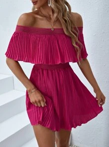 SHEIN VCAY 一字肩荷葉邊百褶連衣裙 - 玫紅色 - 查看 6