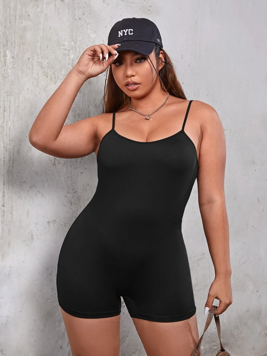 SHEIN EZwear Plus Solid Unitard Cami Romper - Black - View 1